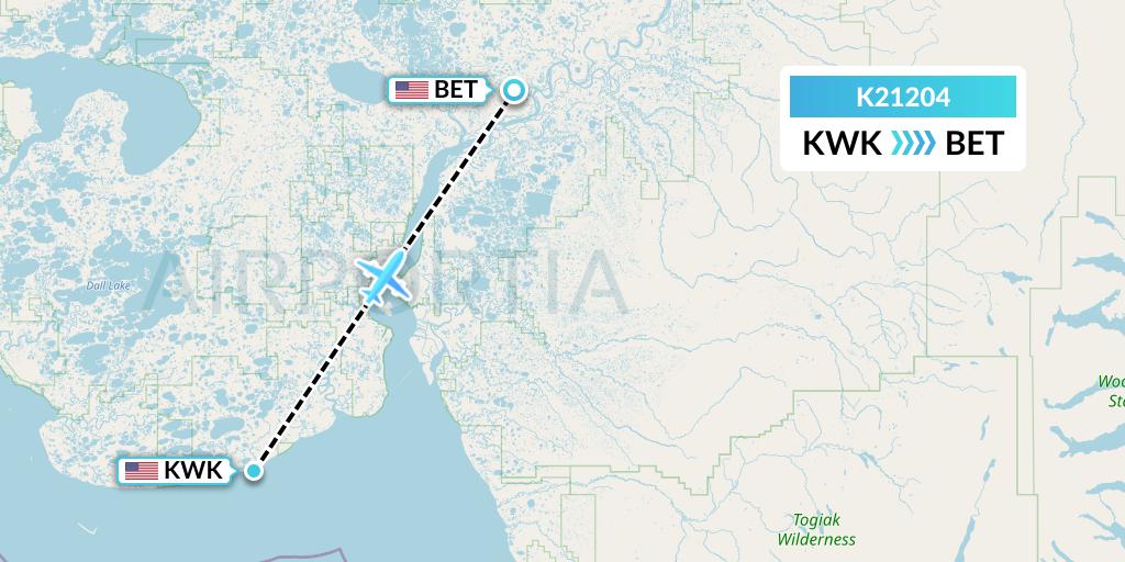 K21204 Yute Commuter Service Flight Map: Kwigillingok to Bethel