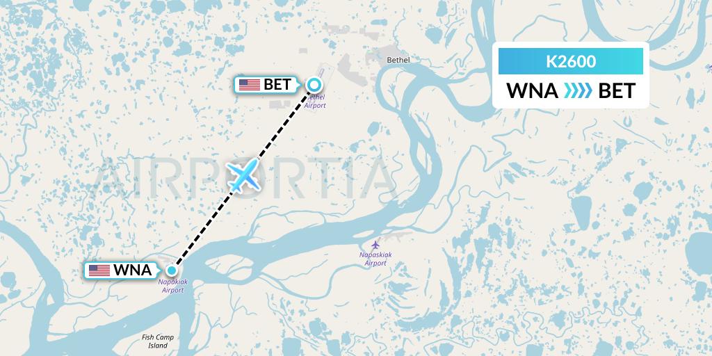 K2600 Yute Commuter Service Flight Map: Napakiak to Bethel