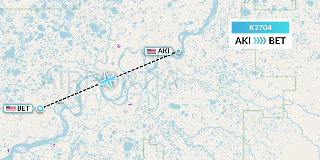 K2704 Yute Commuter Service Flight Map: Akiak to Bethel