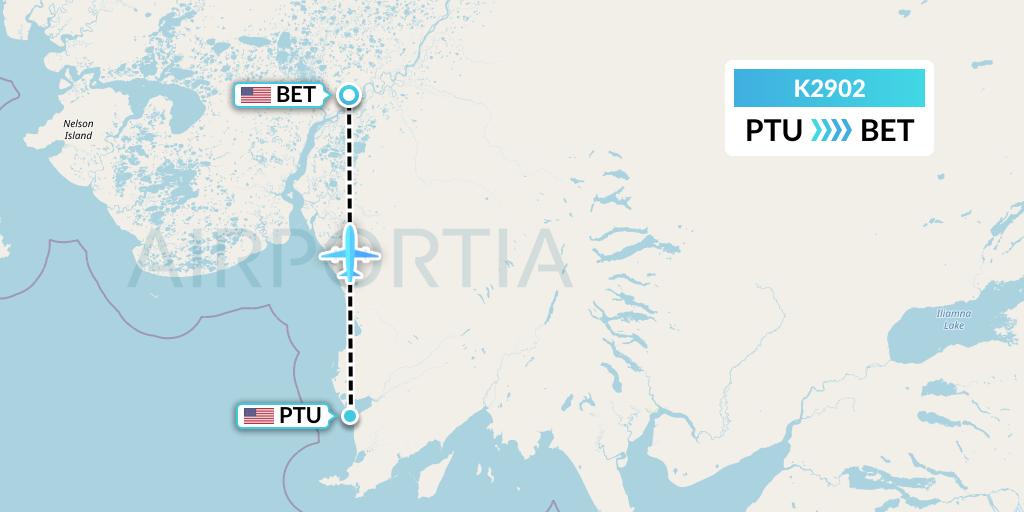 K2902 Yute Commuter Service Flight Map: Platinum to Bethel