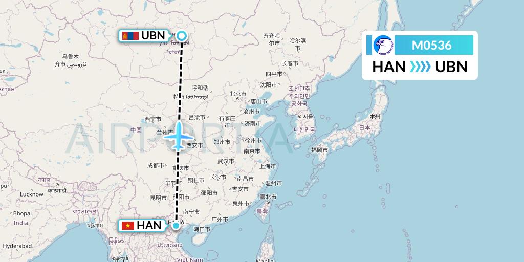 M0536 Aero Mongolia Flight Map: Hanoi to Ulan Bator