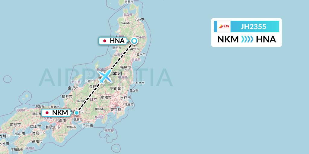 JH2355 Fuji Dream Airlines Flight Map: Nagoya to Hanamaki