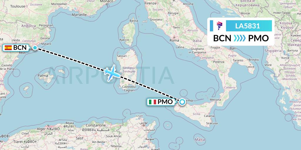 LA5831 Flight Status LAN Airlines Barcelona to Palermo (LAN5831)