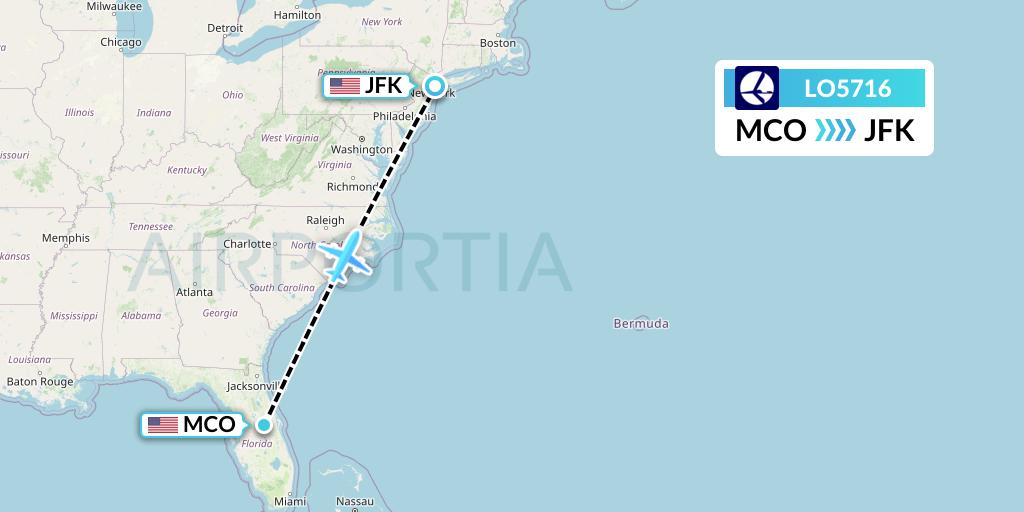 LO5716 LOT Flight Map: Orlando to New York