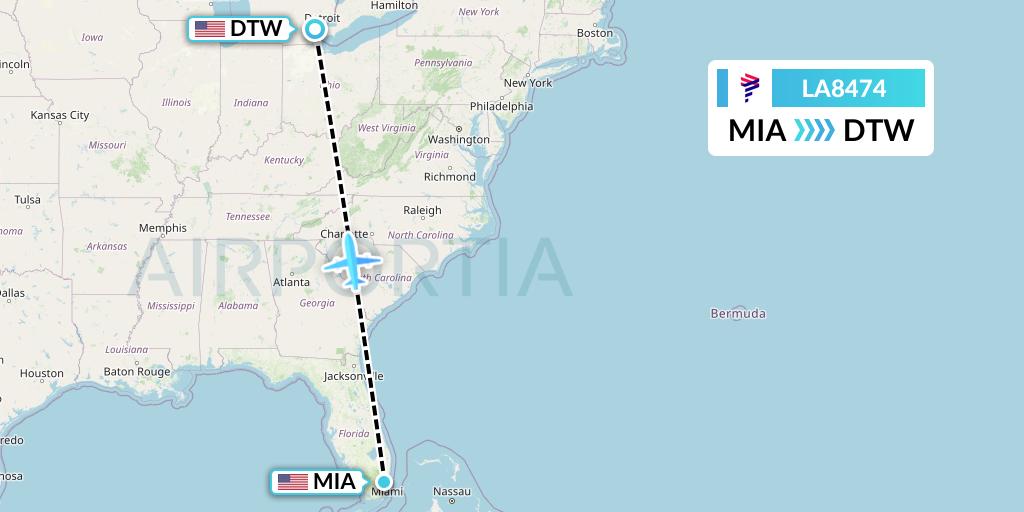 LA8474 LAN Airlines Flight Map: Miami to Detroit
