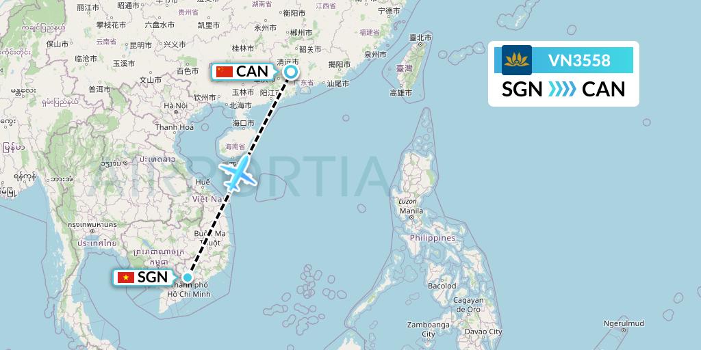 VN3558 Vietnam Airlines Flight Map: Ho Chi Minh City to Guangzhou