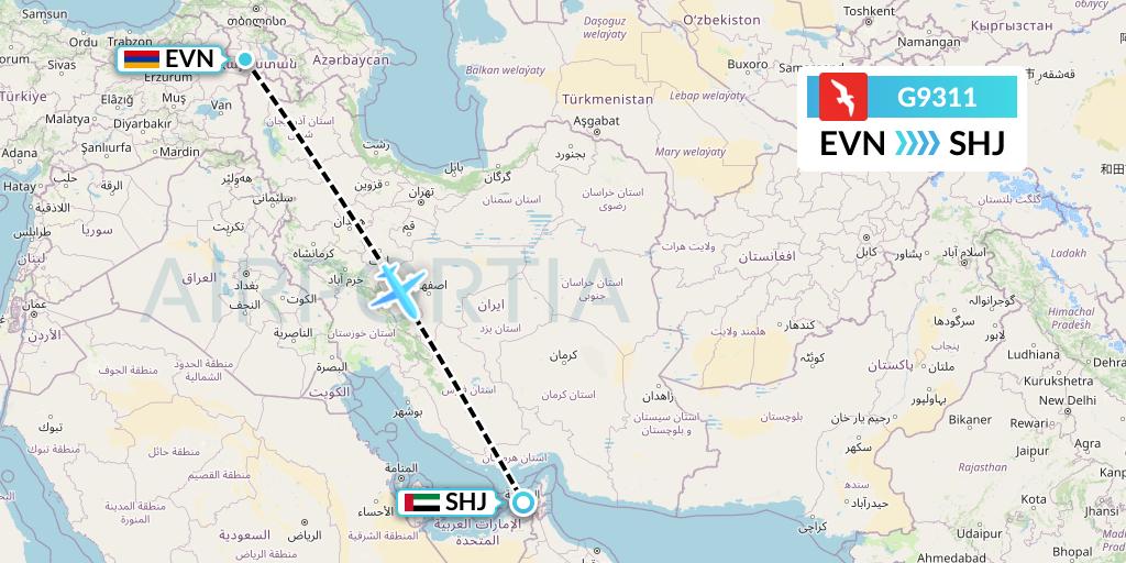 G9311 Air Arabia Flight Map: Yerevan to Sharjah