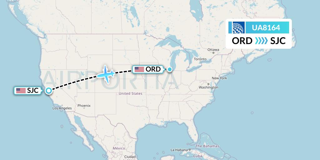 UA8164 United Airlines Flight Map: Chicago to San Jose