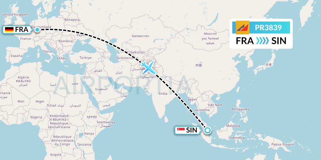 PR3839 Philippine Airlines Flight Map: Frankfurt to Singapore