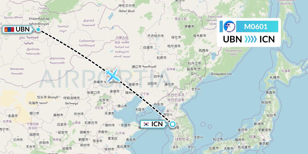 M0601 Aero Mongolia Flight Map: Ulan Bator to Seoul