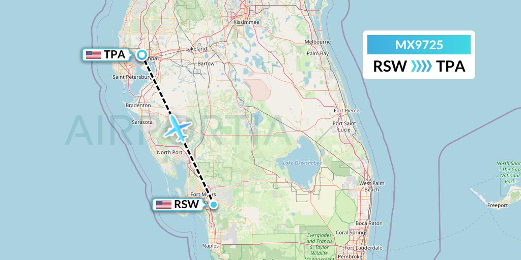 MX9725 Breeze Airways Flight Map: Fort Myers to Tampa