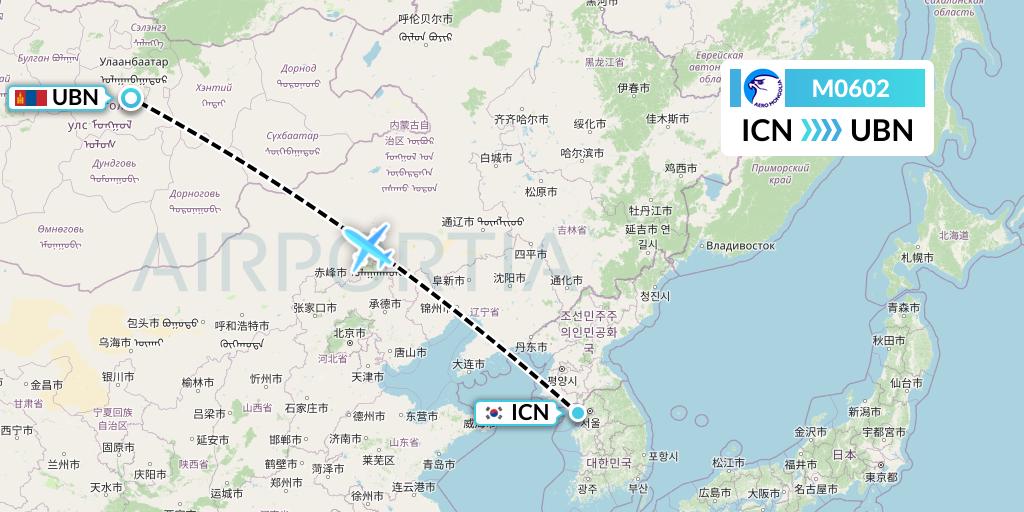M0602 Aero Mongolia Flight Map: Seoul to Ulan Bator