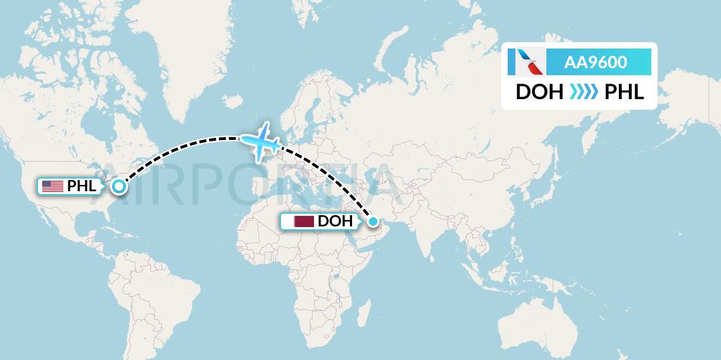 AA9600 American Airlines Flight Map: Doha to Philadelphia