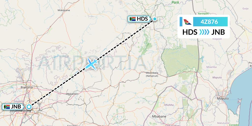 4Z876 Airlink Flight Map: Hoedspruit to Johannesburg
