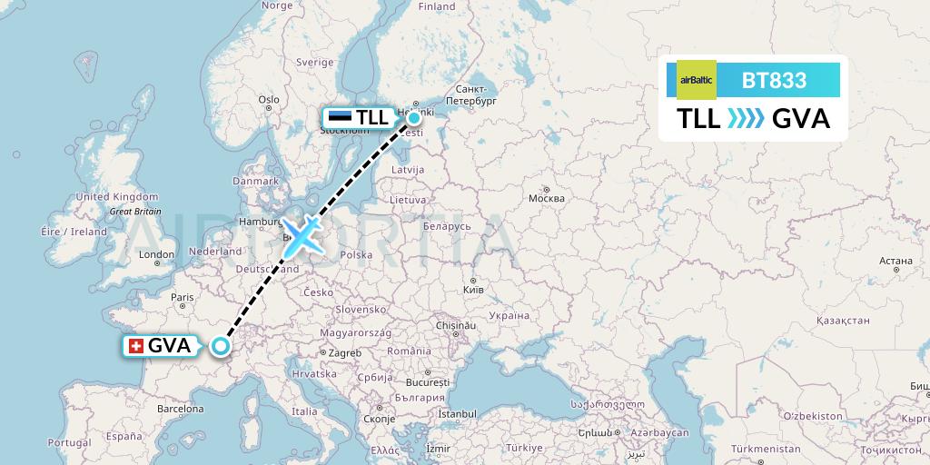 BT833 Air Baltic Flight Map: Tallinn to Geneva