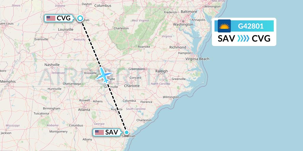 G42801 Allegiant Air Flight Map: Savannah to Cincinnati