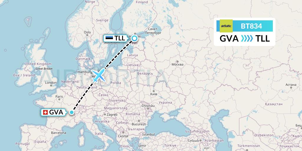 BT834 Air Baltic Flight Map: Geneva to Tallinn