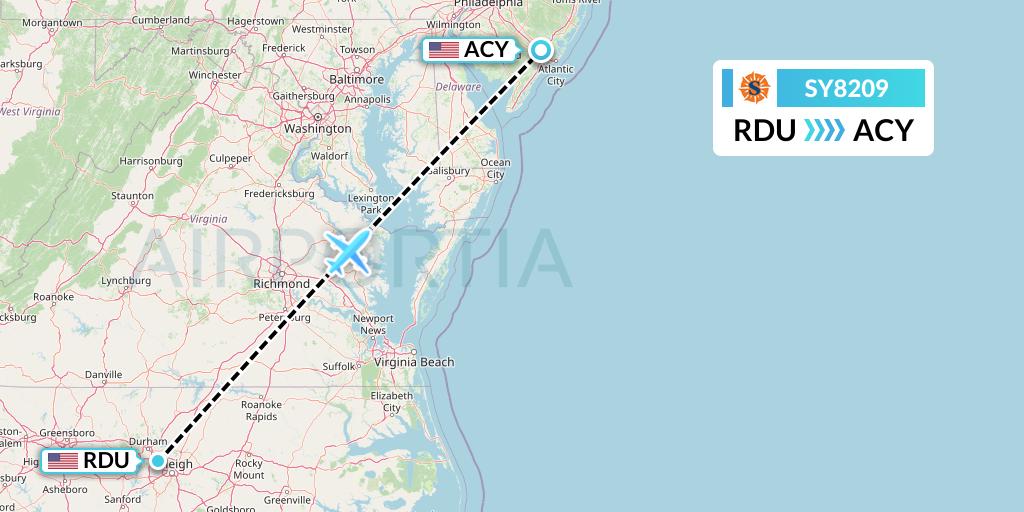 SY8209 Sun Country Airlines Flight Map: Raleigh-Durham to Atlantic City