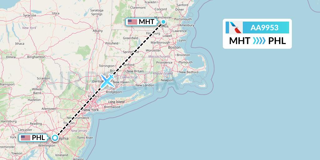AA9953 American Airlines Flight Map: Manchester to Philadelphia