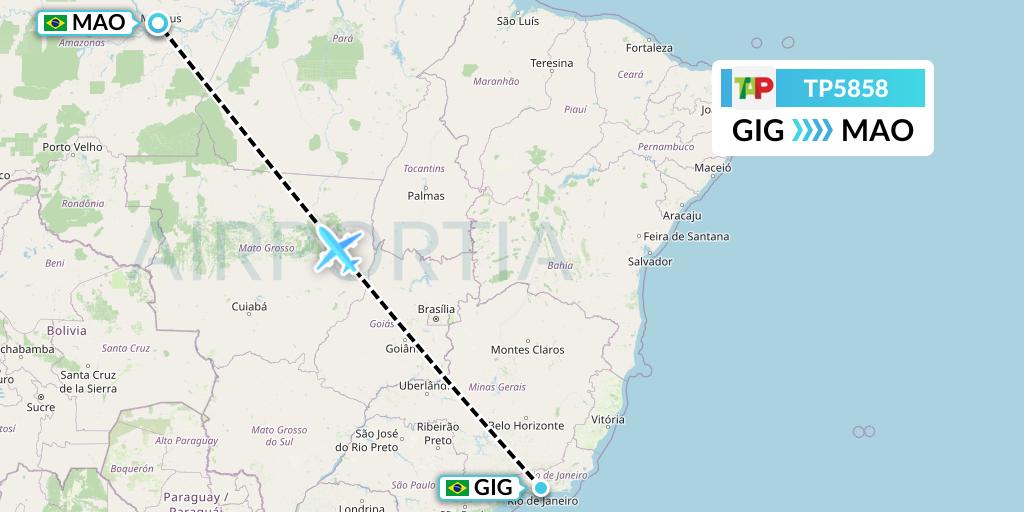 TP5858 TAP Portugal Flight Map: Rio de Janeiro to Manaus