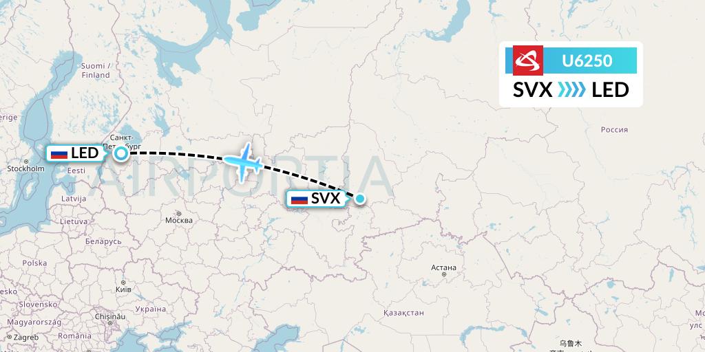 U6250 Ural Airlines Flight Map: Yekaterinburg to St. Petersburg