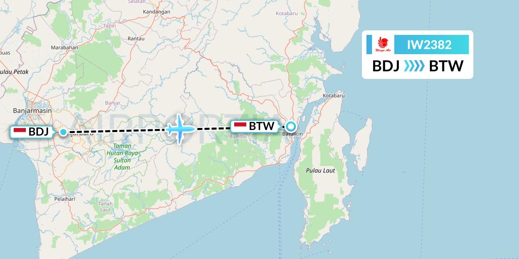 IW2382 Wings Air Flight Map: Banjarmasin to Batu Licin-Borneo Island