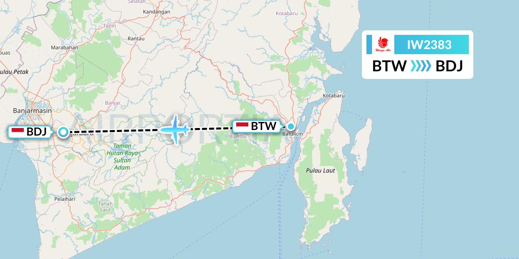 IW2383 Wings Air Flight Map: Batu Licin-Borneo Island to Banjarmasin