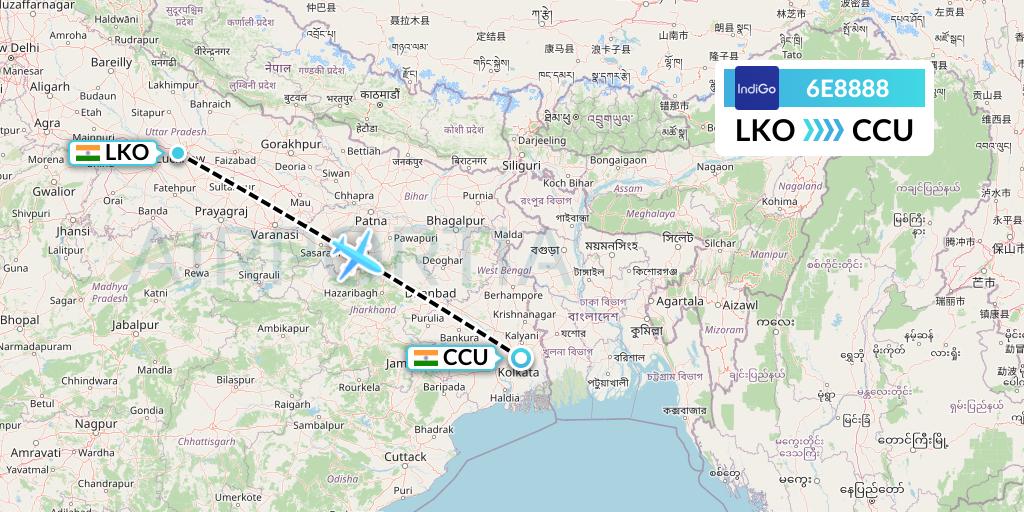 6E8888 IndiGo Airlines Flight Map: Lucknow to Kolkata