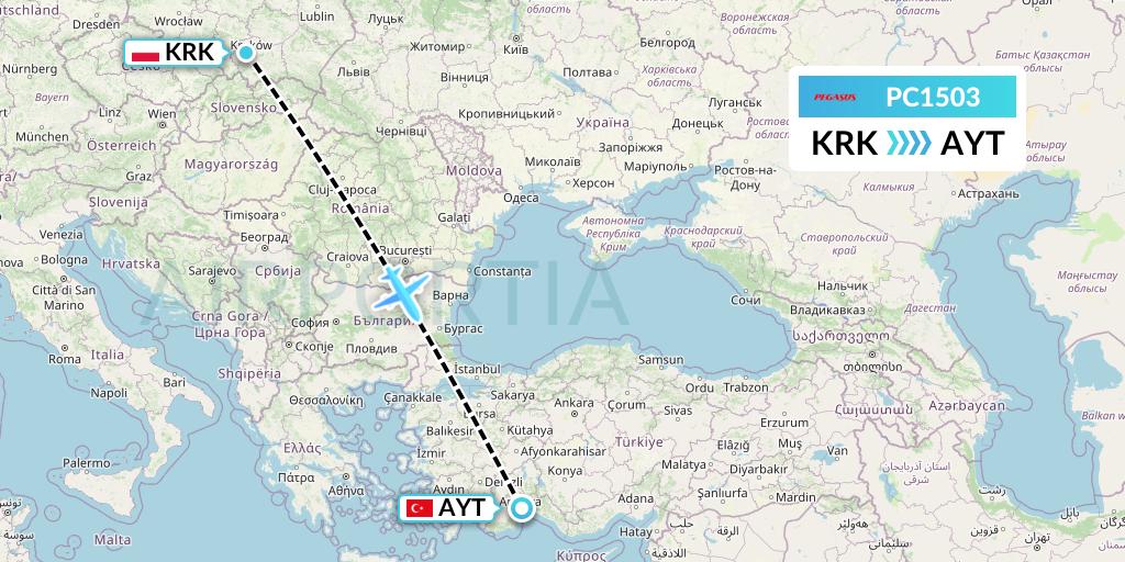 PC1503 Pegasus Airlines Flight Map: Krakow to Antalya