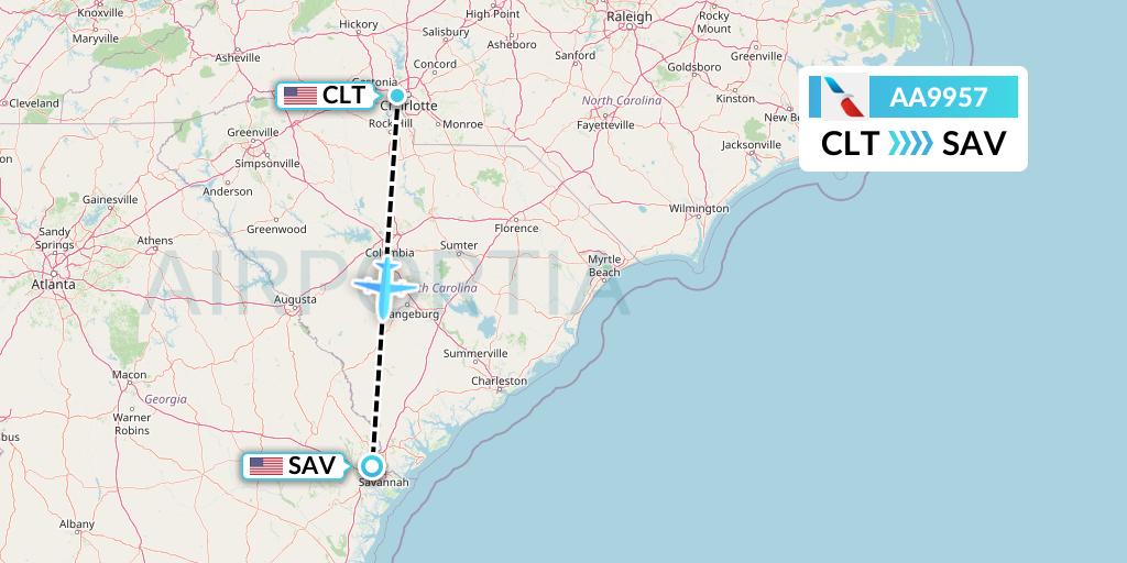 AA9957 American Airlines Flight Map: Charlotte to Savannah