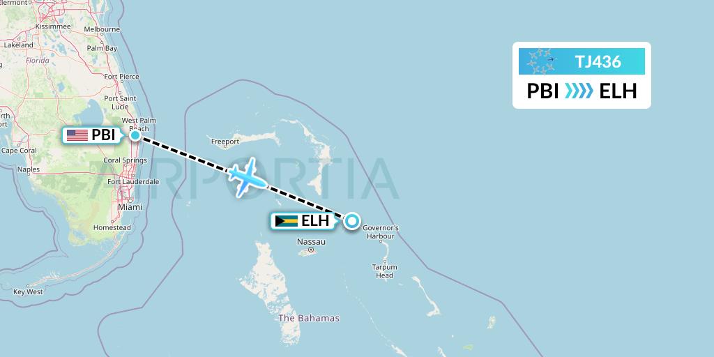 TJ436 Tradewind Aviation Flight Map: West Palm Beach to North Eleuthera