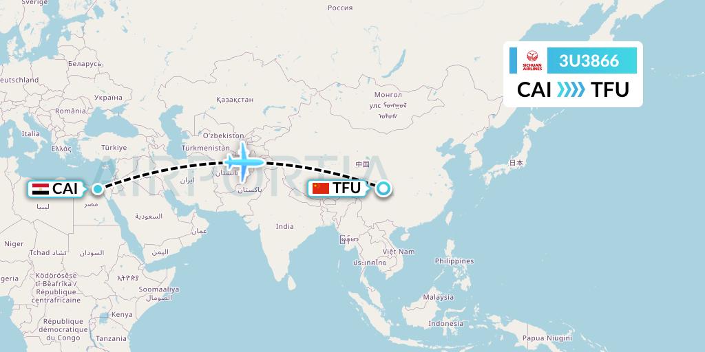 3U3866 Sichuan Airlines Flight Map: Cairo to Chengdu