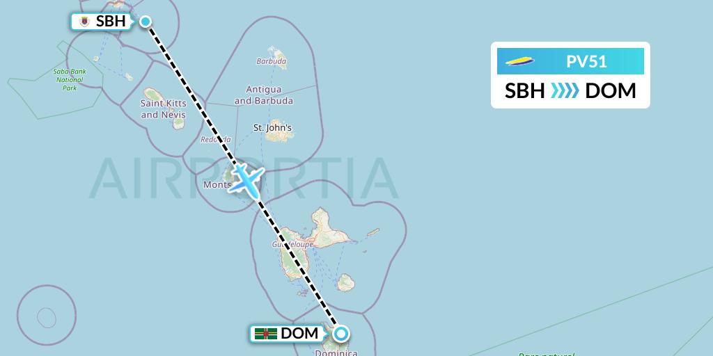 PV51 St. Barth Commuter Flight Map: St. Jean to Dominica
