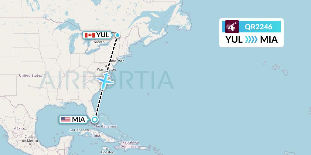 QR2246 Qatar Airways Flight Map: Montreal to Miami
