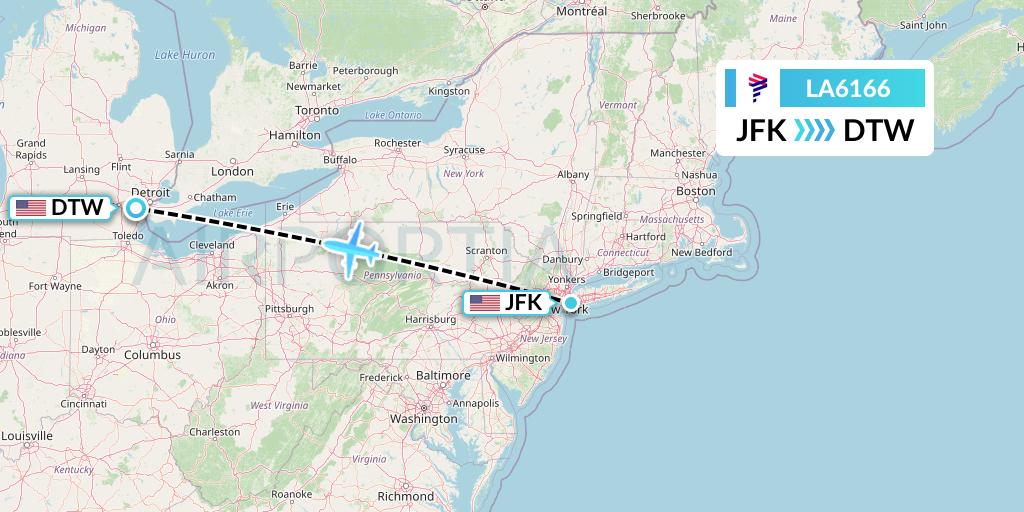 LA6166 LAN Airlines Flight Map: New York to Detroit