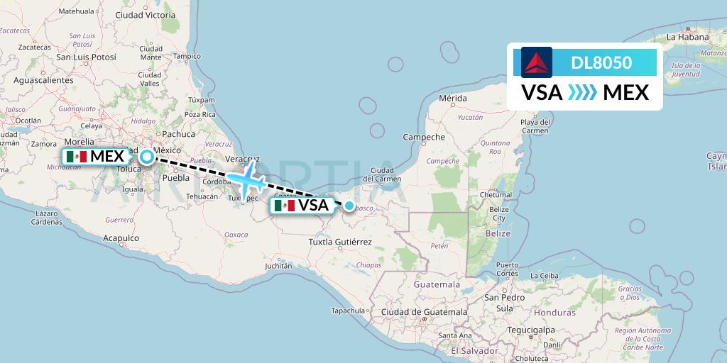 DL8050 Delta Air Lines Flight Map: Villahermosa to Mexico City