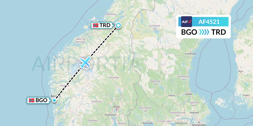 AF4521 Air France Flight Map: Bergen to Trondheim