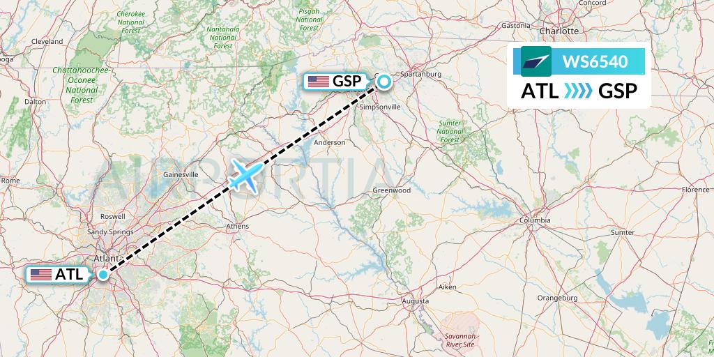 WS6540 WestJet Flight Map: Atlanta to Greenville-Spartanburg
