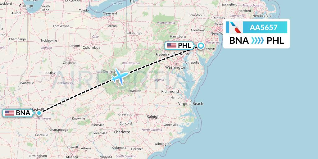 AA5657 American Airlines Flight Map: Nashville to Philadelphia