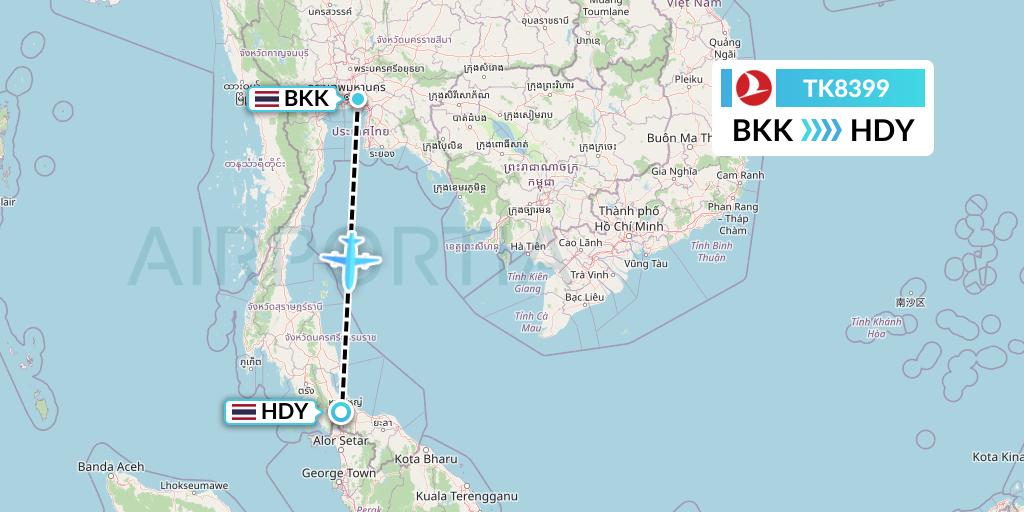 TK8399 Turkish Airlines Flight Map: Bangkok to Hat Yai