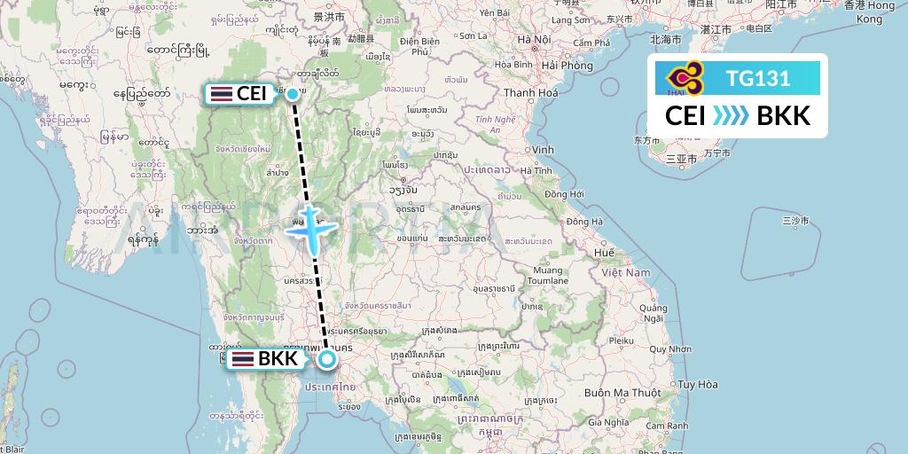 TG131 Thai Airways Flight Map: Chiang Rai to Bangkok