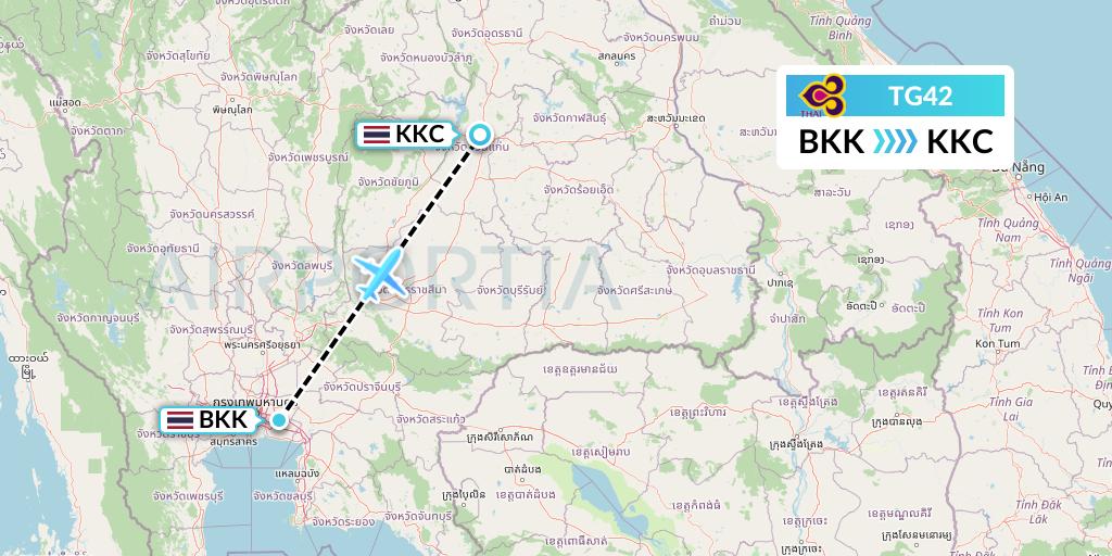 TG42 Thai Airways Flight Map: Bangkok to Khon Kaen