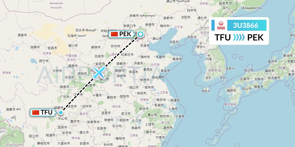 3U3866 Sichuan Airlines Flight Map: Chengdu to Beijing