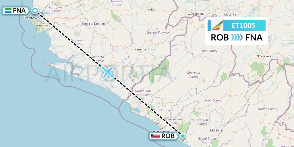 ET1005 Ethiopian Airlines Flight Map: Monrovia to Freetown