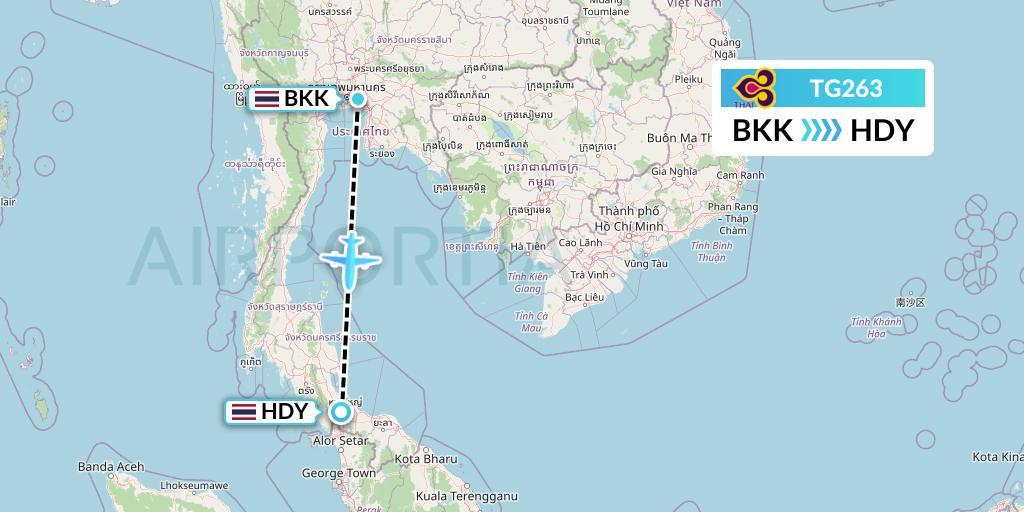 TG263 Thai Airways Flight Map: Bangkok to Hat Yai