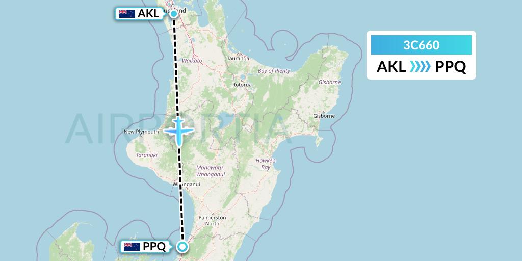 3C660 Air Chathams Flight Map: Auckland to Paraparaumu