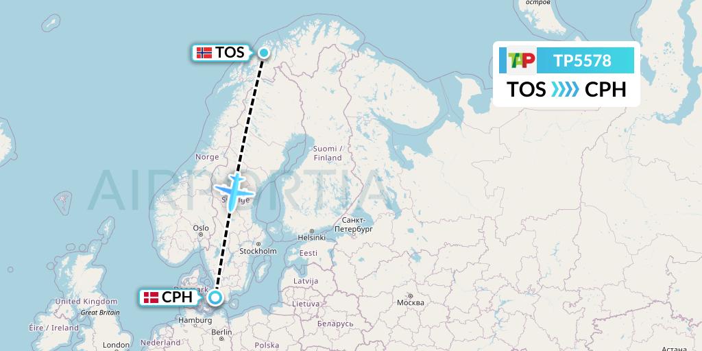 TP5578 TAP Portugal Flight Map: Tromso to Copenhagen