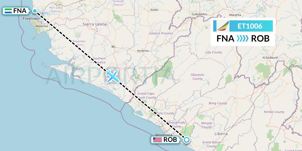 ET1006 Ethiopian Airlines Flight Map: Freetown to Monrovia