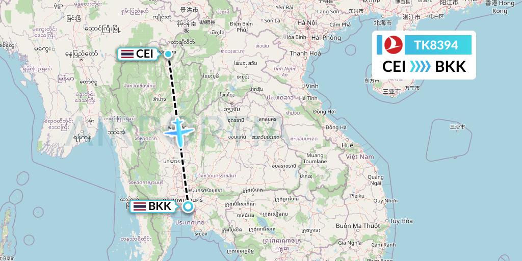TK8394 Turkish Airlines Flight Map: Chiang Rai to Bangkok