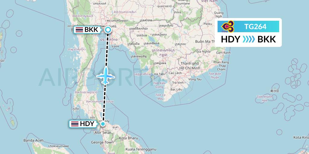 TG264 Thai Airways Flight Map: Hat Yai to Bangkok